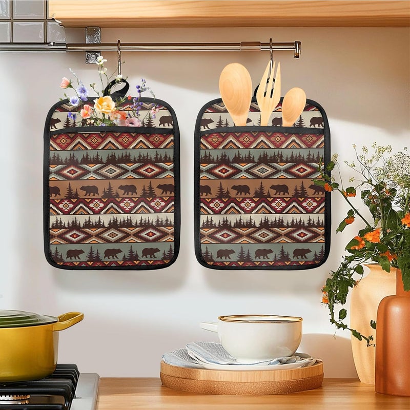 HUGANE Western Aztec Bear Oven Mitts Set, Camping Camper RV Gifts, Aztec Native Tribal Heat Resistant Kitchen Oven Gloves for Baking and Cooking,Pot Holders - Image 3